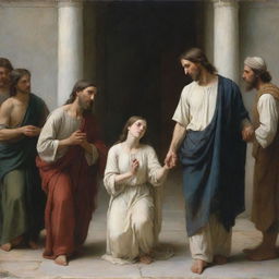 Christ and the adulterous woman, conveyed in the style of William-Adolphe Bouguereau