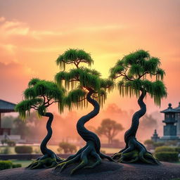 Three small Bonzi trees elegantly positioned in a serene Japanese garden, set against a stunning sunrise
