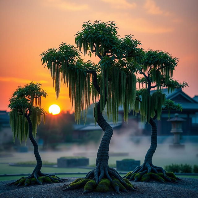 Three small Bonzi trees elegantly positioned in a serene Japanese garden, set against a stunning sunrise