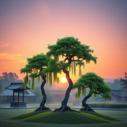 Three small Bonzi trees elegantly positioned in a serene Japanese garden, set against a stunning sunrise