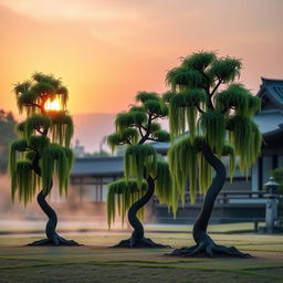 Three small Bonzi trees elegantly positioned in a serene Japanese garden, set against a stunning sunrise