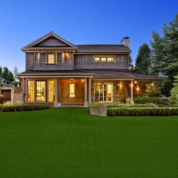 A detailed, well-lit exterior view of a beautiful detached house with a lush green lawn and an inviting pathway leading to the main entrance.