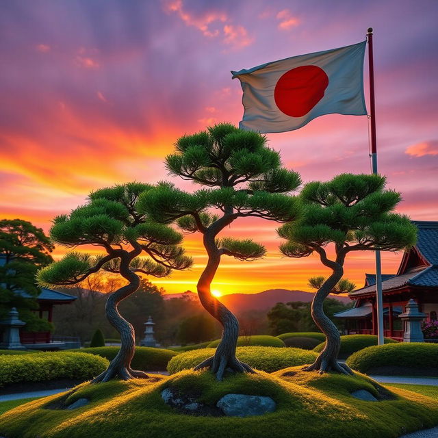 Three small Bonzi trees strategically placed in a picturesque Japanese garden, illuminated by a stunning sunrise