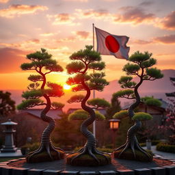 Three small Bonzi trees strategically placed in a picturesque Japanese garden, illuminated by a stunning sunrise