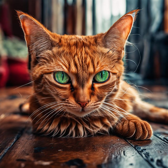 A ginger cat captured with a Canon EOS, highlighting its vibrant fur and green eyes.