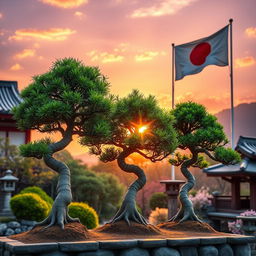 Three small Bonzi trees strategically placed in a picturesque Japanese garden, illuminated by a stunning sunrise