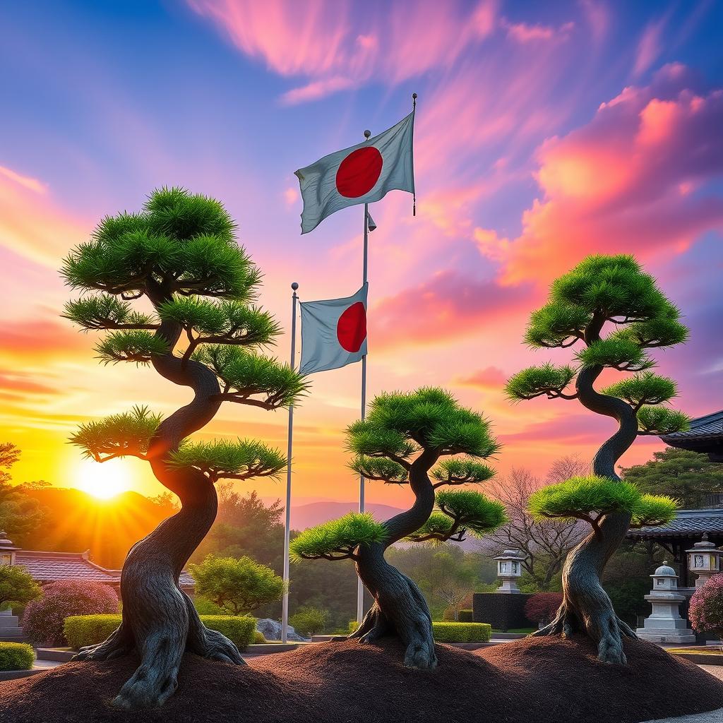 Three small Bonzi trees strategically placed in a picturesque Japanese garden, illuminated by a stunning sunrise