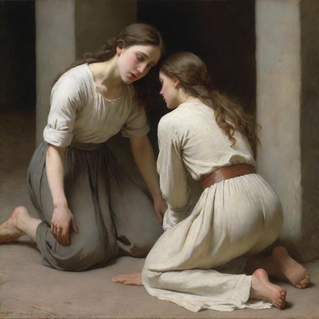 Depict Christ and the adulterous woman on her knees on the ground, in the style of Bouguereau