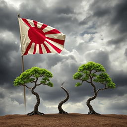 Three small Bonzi trees set in a dramatic scene featuring a vintage Japanese war flag unfurled in the breeze