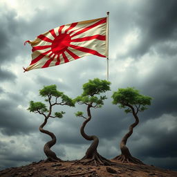 Three small Bonzi trees set in a dramatic scene featuring a vintage Japanese war flag unfurled in the breeze