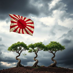 Three small Bonzi trees set in a dramatic scene featuring a vintage Japanese war flag unfurled in the breeze