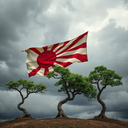 Three small Bonzi trees set in a dramatic scene featuring a vintage Japanese war flag unfurled in the breeze