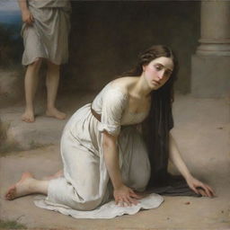 Depict Christ and the adulterous woman on her knees on the ground, in the style of Bouguereau