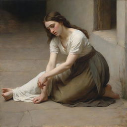 Depict Christ and the adulterous woman on her knees on the ground, in the style of Bouguereau