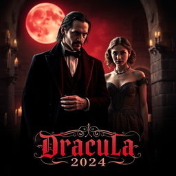 An intriguing teaser poster for 'Dracula 2024', featuring Keanu Reeves as Dracula and Jenna Ortega in a hauntingly beautiful role
