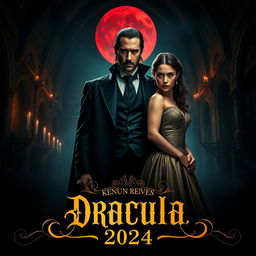 An intriguing teaser poster for 'Dracula 2024', featuring Keanu Reeves as Dracula and Jenna Ortega in a hauntingly beautiful role