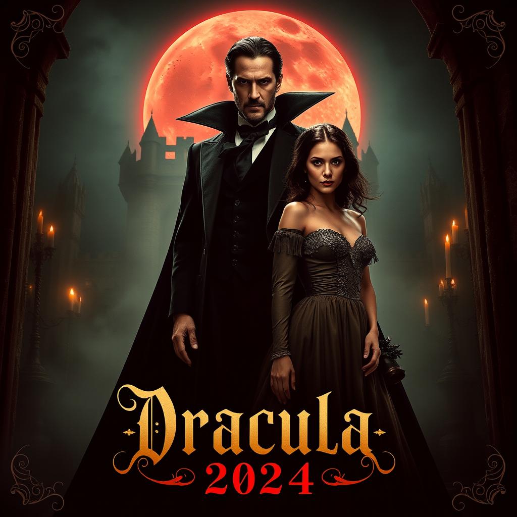 An intriguing teaser poster for 'Dracula 2024', featuring Keanu Reeves as Dracula and Jenna Ortega in a hauntingly beautiful role