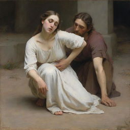 Depict Christ and the adulterous woman on her knees on the ground, in the style of Bouguereau