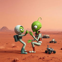 A fantastical and imaginative representation of a person interacting with a Martian on the surface of Mars
