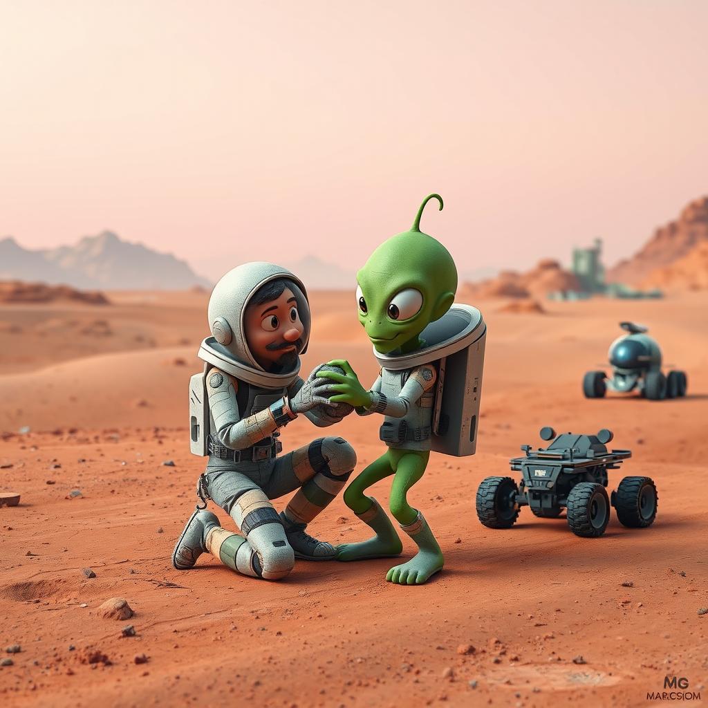 A fantastical and imaginative representation of a person interacting with a Martian on the surface of Mars