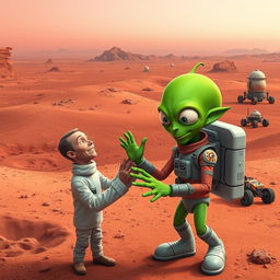 A fantastical and imaginative representation of a person interacting with a Martian on the surface of Mars