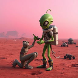 A fantastical and imaginative representation of a person interacting with a Martian on the surface of Mars
