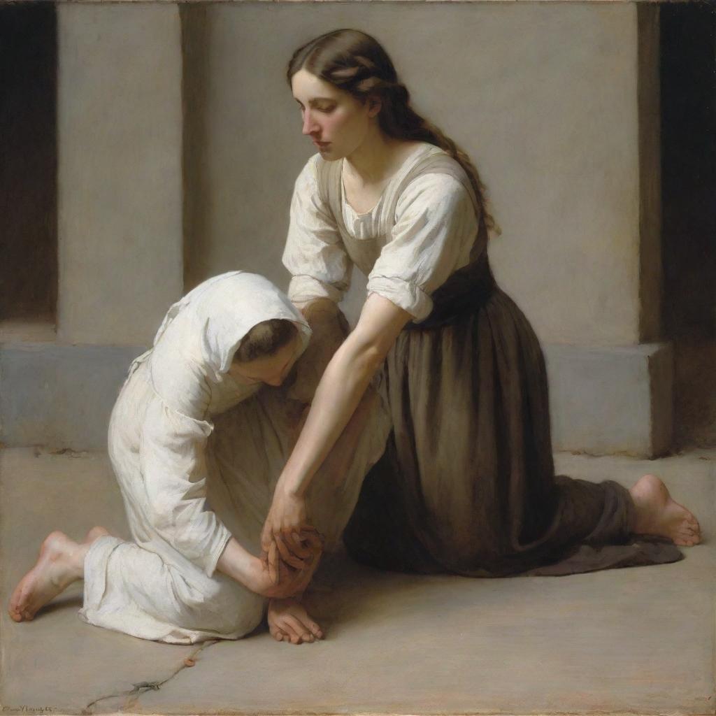 Illustrate Christ and the adulterous woman, the latter kneeling on the ground in the style of Bouguereau