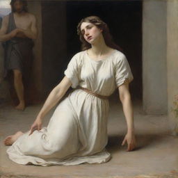 Illustrate Christ and the adulterous woman, the latter kneeling on the ground in the style of Bouguereau