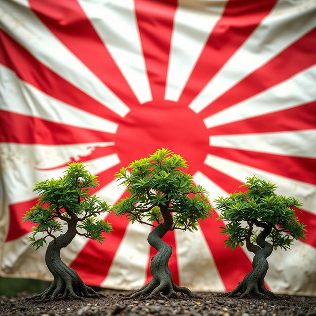 Three small Bonzi trees prominently displayed in the foreground, with their characteristic thick, twisting trunks and vibrant green leaves