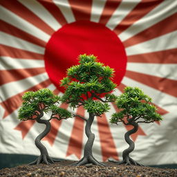 Three small Bonzi trees prominently displayed in the foreground, with their characteristic thick, twisting trunks and vibrant green leaves