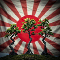 Three small Bonzi trees prominently displayed in the foreground, with their characteristic thick, twisting trunks and vibrant green leaves