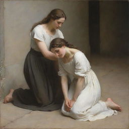 Illustrate Christ and the adulterous woman, the latter kneeling on the ground in the style of Bouguereau