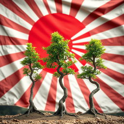 Three small Bonzi trees prominently displayed in the foreground, with their characteristic thick, twisting trunks and vibrant green leaves