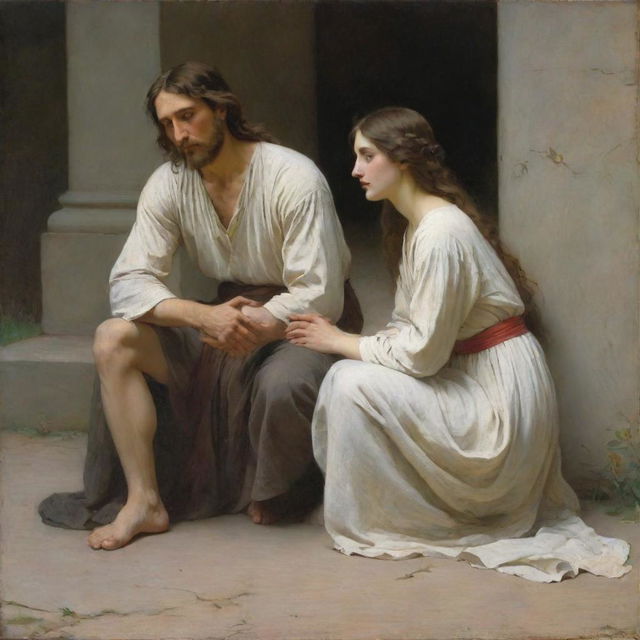 Illustrate Christ and the adulterous woman, the latter kneeling on the ground in the style of Bouguereau