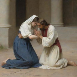 A scene featuring Christ and the adulterous woman on her knees on the ground, created in the style of Bouguereau