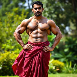 A full-body portrait of a muscular Indian bodybuilder, standing proudly in a traditional maroon red dhoti