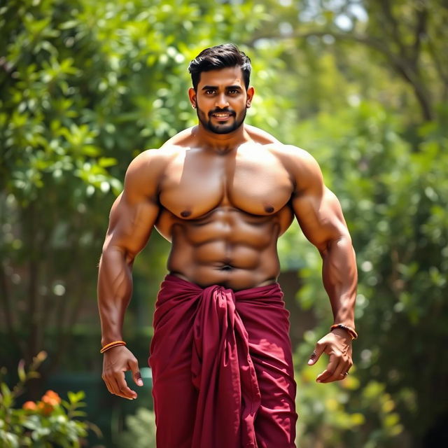 A full-body portrait of a muscular Indian bodybuilder, standing proudly in a traditional maroon red dhoti