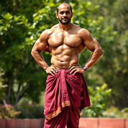 A full-body portrait of a muscular Indian bodybuilder, standing proudly in a traditional maroon red dhoti