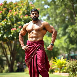A full-body portrait of a muscular Indian bodybuilder, standing proudly in a traditional maroon red dhoti