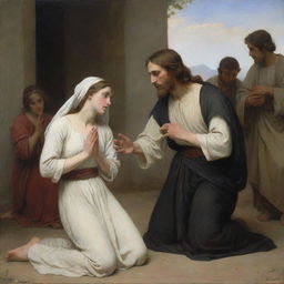 A scene featuring Christ and the adulterous woman on her knees on the ground, created in the style of Bouguereau