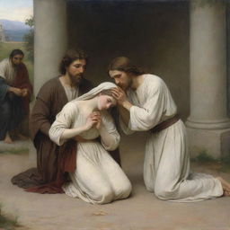 A scene featuring Christ and the adulterous woman on her knees on the ground, created in the style of Bouguereau