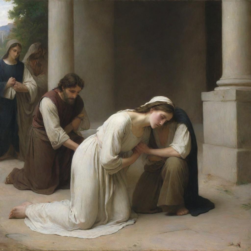 A scene featuring Christ and the adulterous woman on her knees on the ground, created in the style of Bouguereau