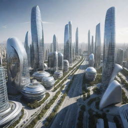 A photorealistic portrayal of a futuristic world filled with advanced technology, contemporary architecture, and visionary urban planning