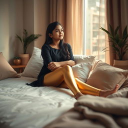 A serene and cozy bedroom scene featuring a 16-year-old Indian girl lounging on a bed