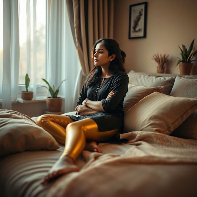 A serene and cozy bedroom scene featuring a 16-year-old Indian girl lounging on a bed