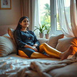 A serene and cozy bedroom scene featuring a 16-year-old Indian girl lounging on a bed