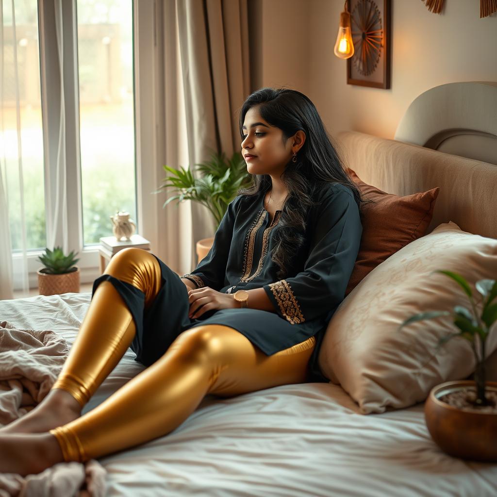 A serene and cozy bedroom scene featuring a 16-year-old Indian girl lounging on a bed