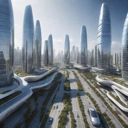 A photorealistic portrayal of a futuristic world filled with advanced technology, contemporary architecture, and visionary urban planning