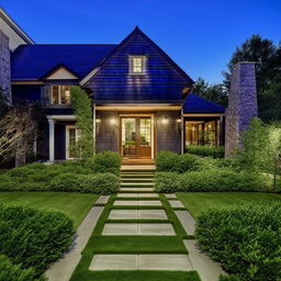 A detailed, well-lit exterior view of a beautiful detached house with a lush green lawn and an inviting pathway leading to the main entrance.