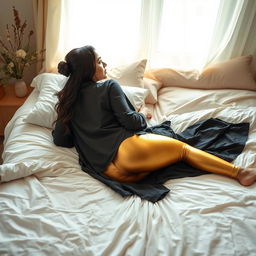 A young Indian woman lounging comfortably in bed, showcasing a stylish pose